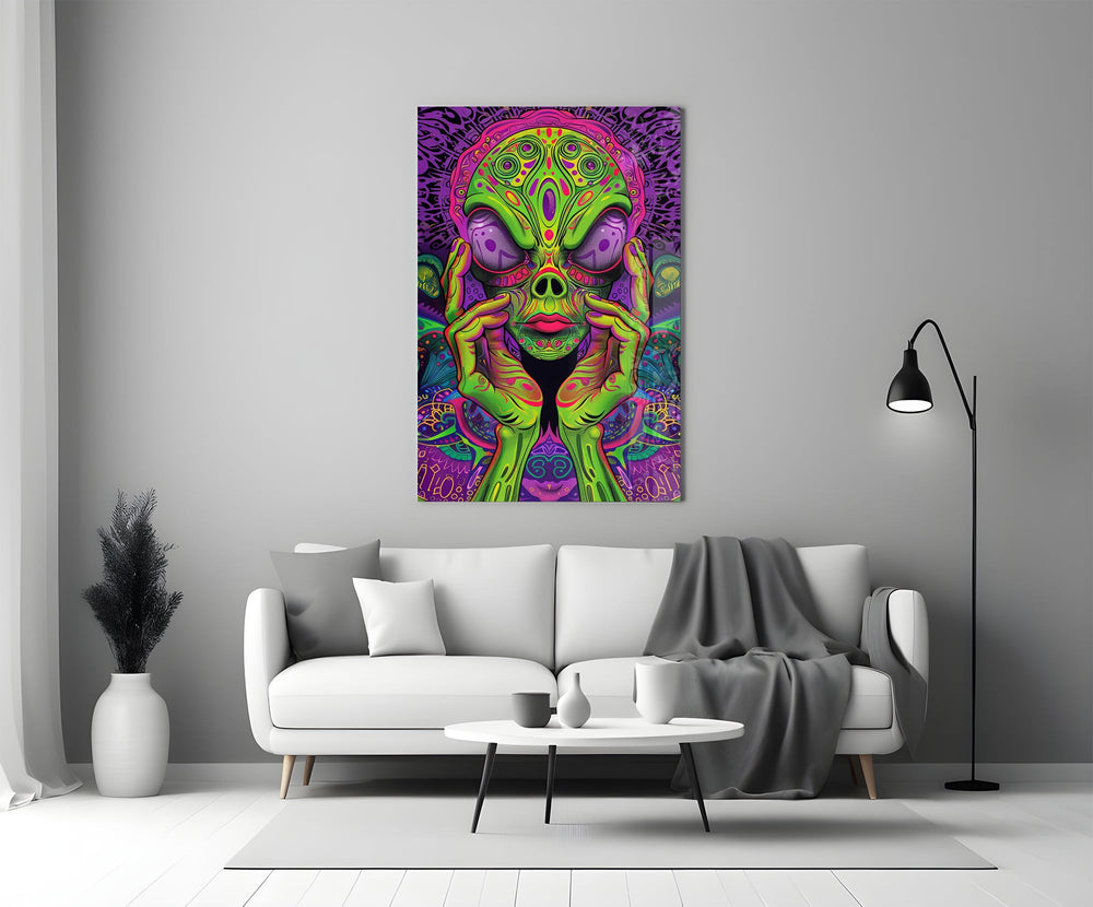 Neon Alien Face Psychedelic Mushroom Glass Wall Art