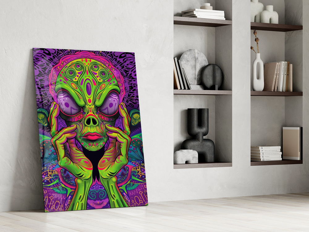 Neon Alien Face Psychedelic Mushroom Glass Wall Art