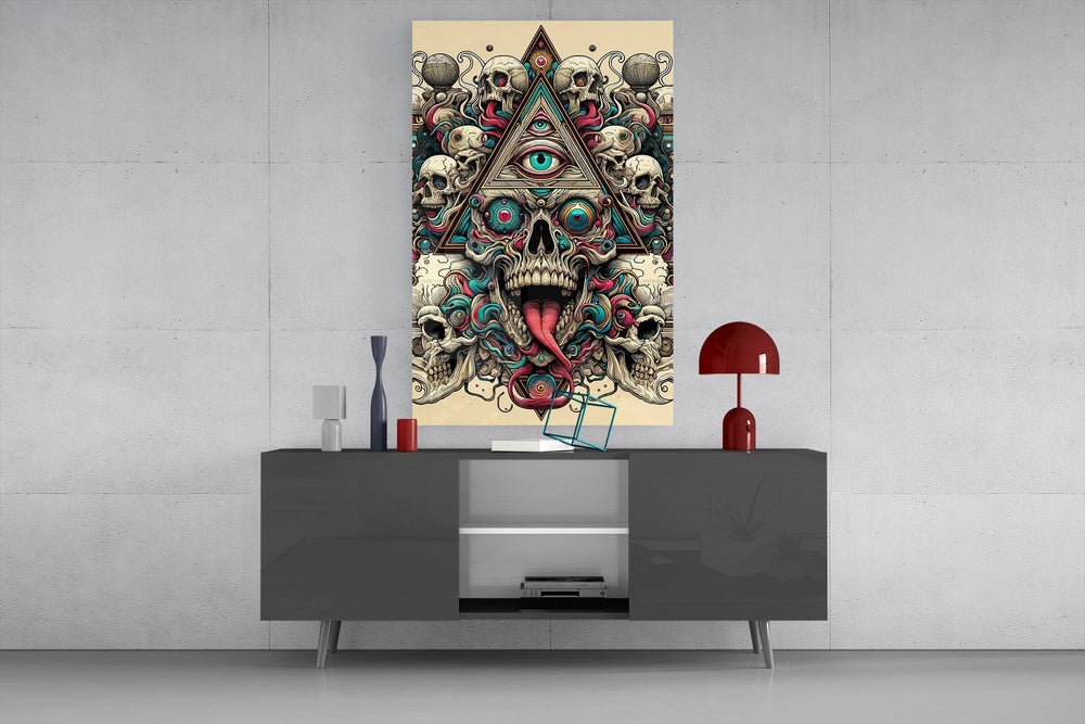 All Seeing Eye Triangle Skull Ink Glass Wall Art