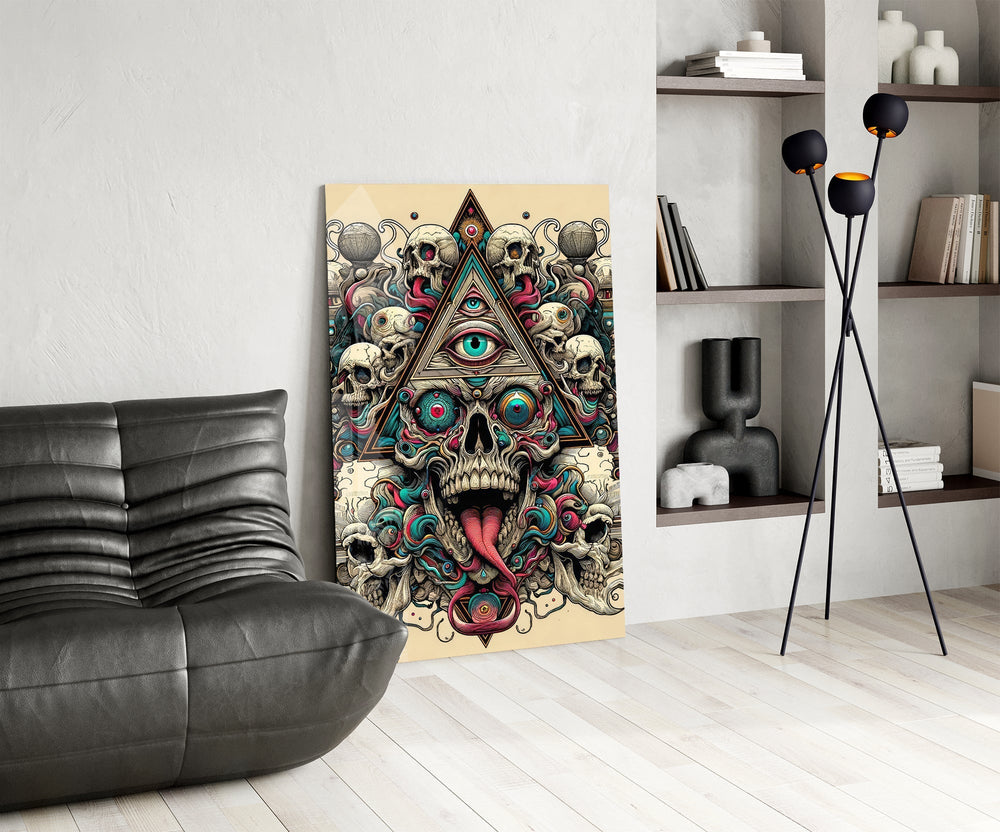 All Seeing Eye Triangle Skull Ink Glass Wall Art