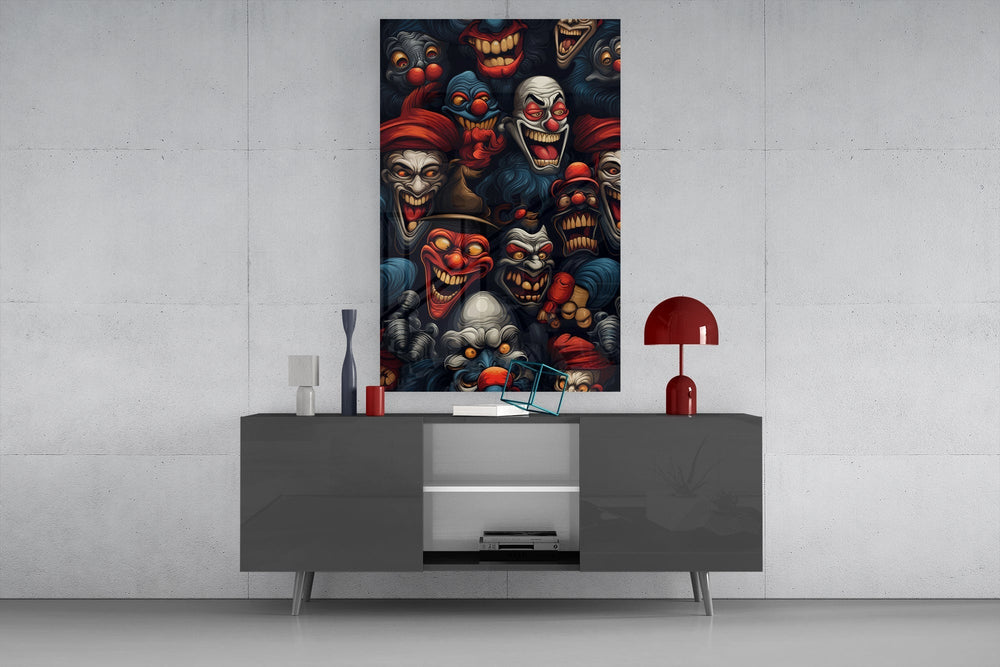 Grinning Clown Faces Dark Carnival Glass Wall Art
