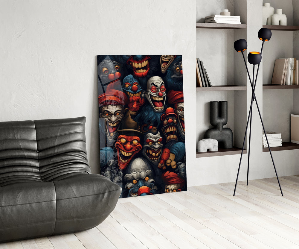 Grinning Clown Faces Dark Carnival Glass Wall Art