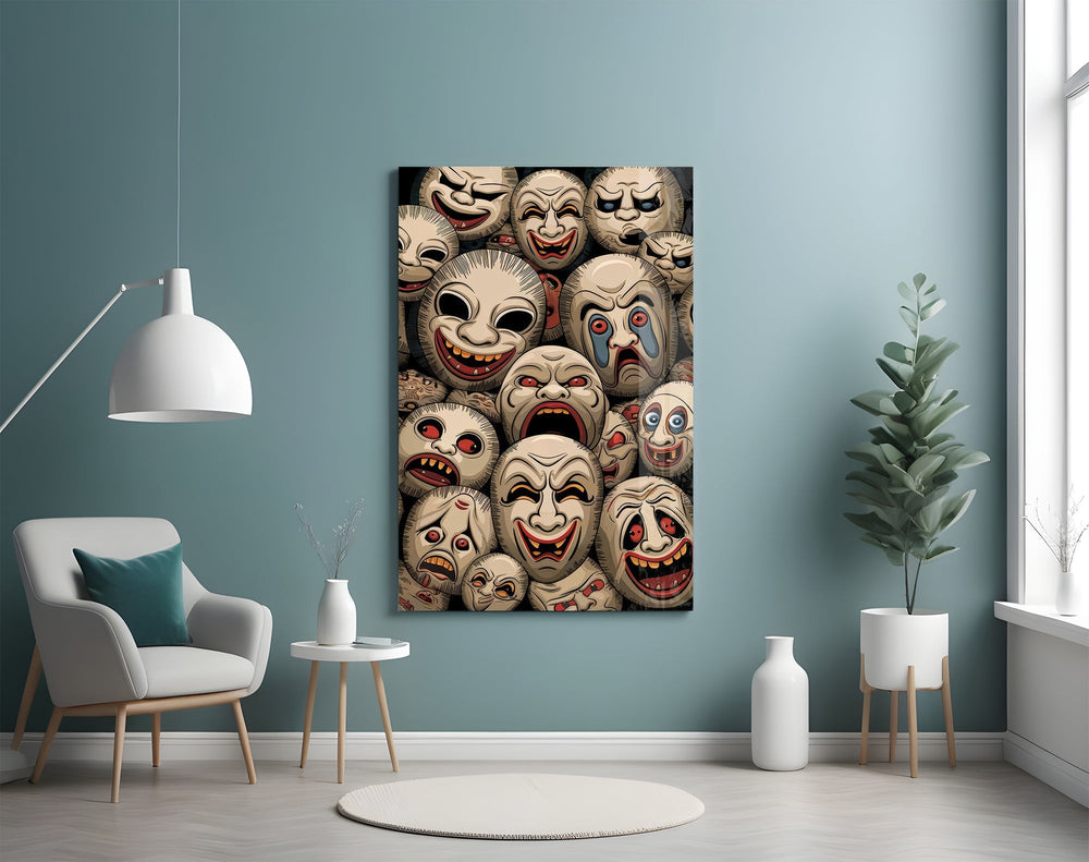 Sepia Theatre Masks Comedy Tragedy Glass Wall Art