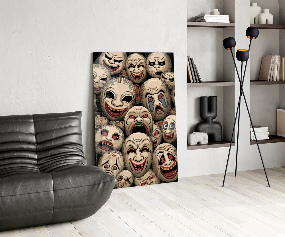 Sepia Theatre Masks Comedy Tragedy Glass Wall Art