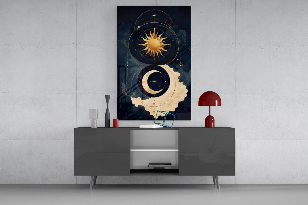 Navy and Gold Sun and Crescent Moon Glass Wall Art