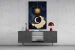 Navy and Gold Sun and Crescent Moon Glass Wall Art