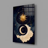 Navy and Gold Sun and Crescent Moon Glass Wall Art