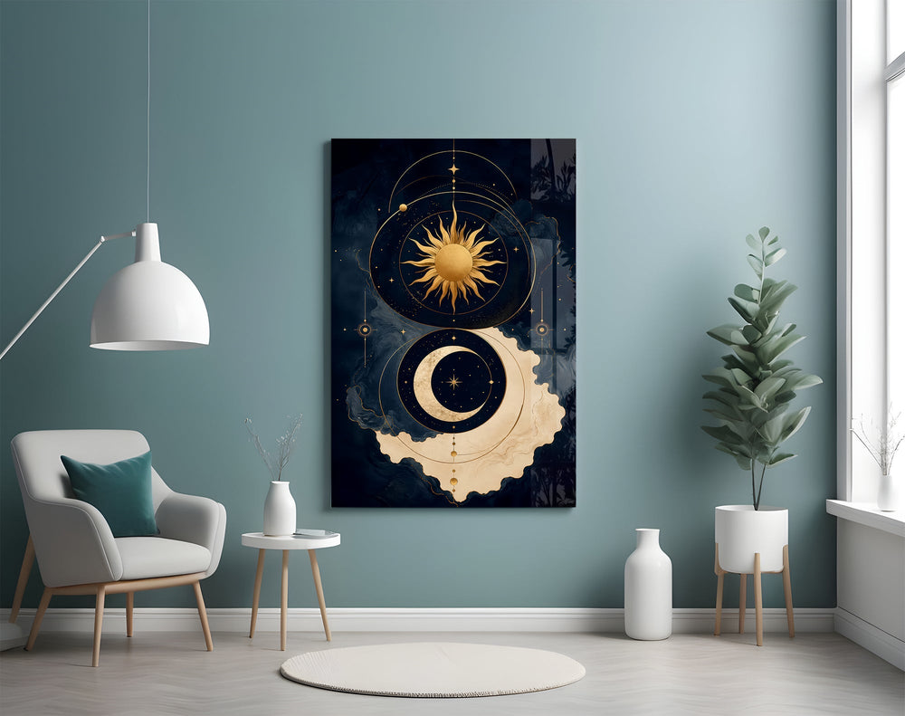 Navy and Gold Sun and Crescent Moon Glass Wall Art