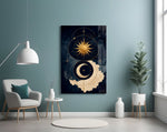 Navy and Gold Sun and Crescent Moon Glass Wall Art