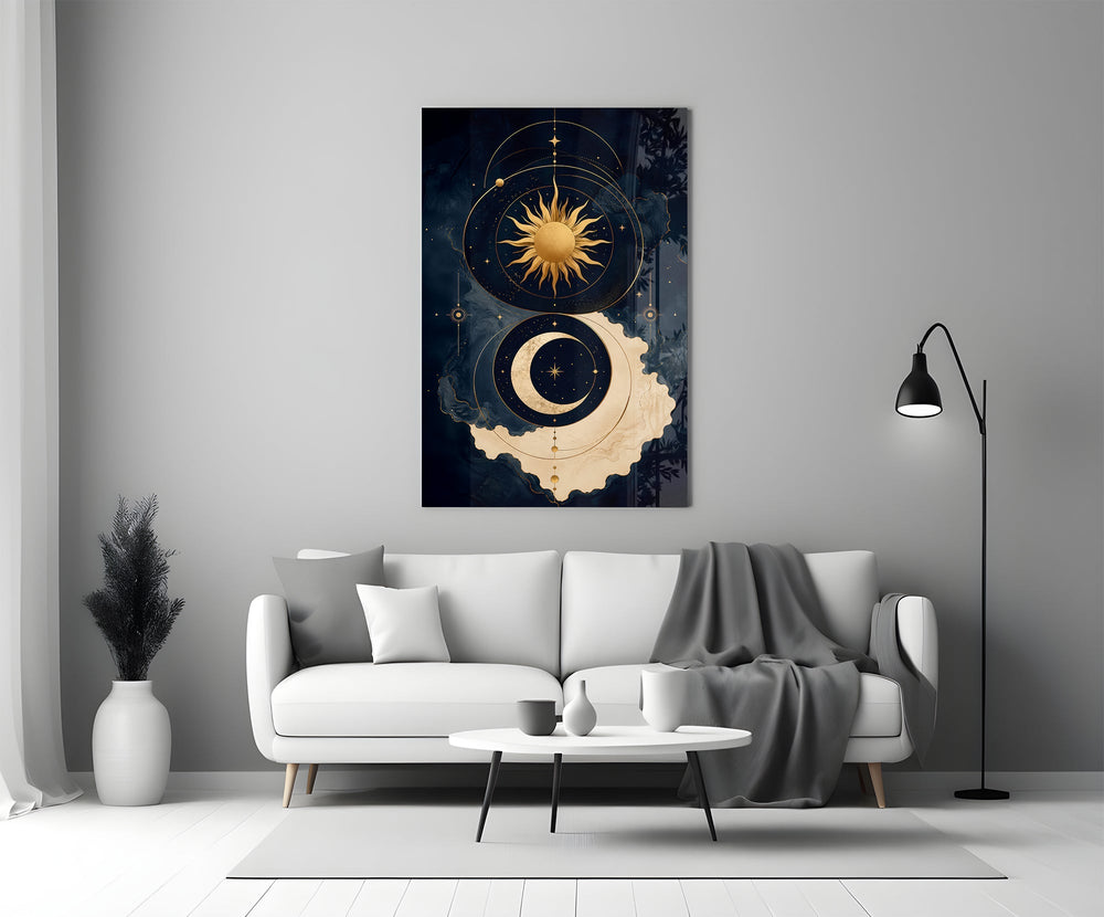 Navy and Gold Sun and Crescent Moon Glass Wall Art
