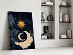 Navy and Gold Sun and Crescent Moon Glass Wall Art