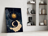 Navy and Gold Sun and Crescent Moon Glass Wall Art