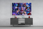 Blue Eyed Woman Glowing Flowers Glass Wall Art