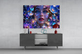 Blue Eyed Woman Glowing Flowers Glass Wall Art