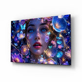 Blue Eyed Woman Glowing Flowers Glass Wall Art
