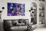Blue Eyed Woman Glowing Flowers Glass Wall Art