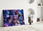 Blue Eyed Woman Glowing Flowers Glass Wall Art