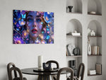 Blue Eyed Woman Glowing Flowers Glass Wall Art