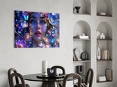 Blue Eyed Woman Glowing Flowers Glass Wall Art
