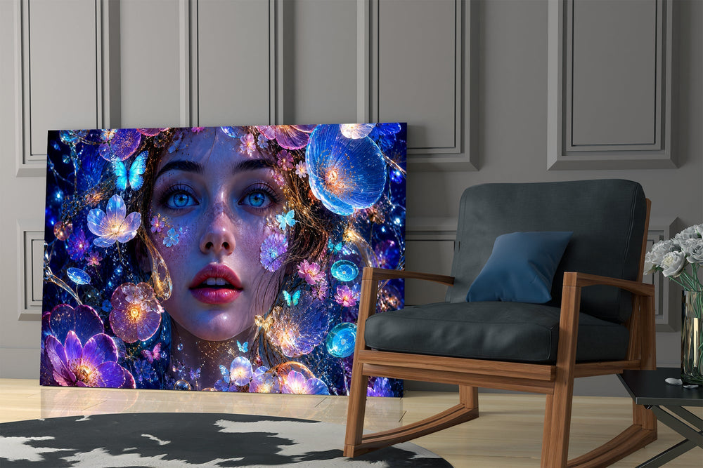 Blue Eyed Woman Glowing Flowers Glass Wall Art