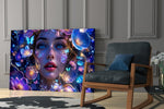 Blue Eyed Woman Glowing Flowers Glass Wall Art