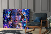 Blue Eyed Woman Glowing Flowers Glass Wall Art