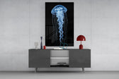 Blue Jellyfish on Black Deep Sea Glass Wall Art