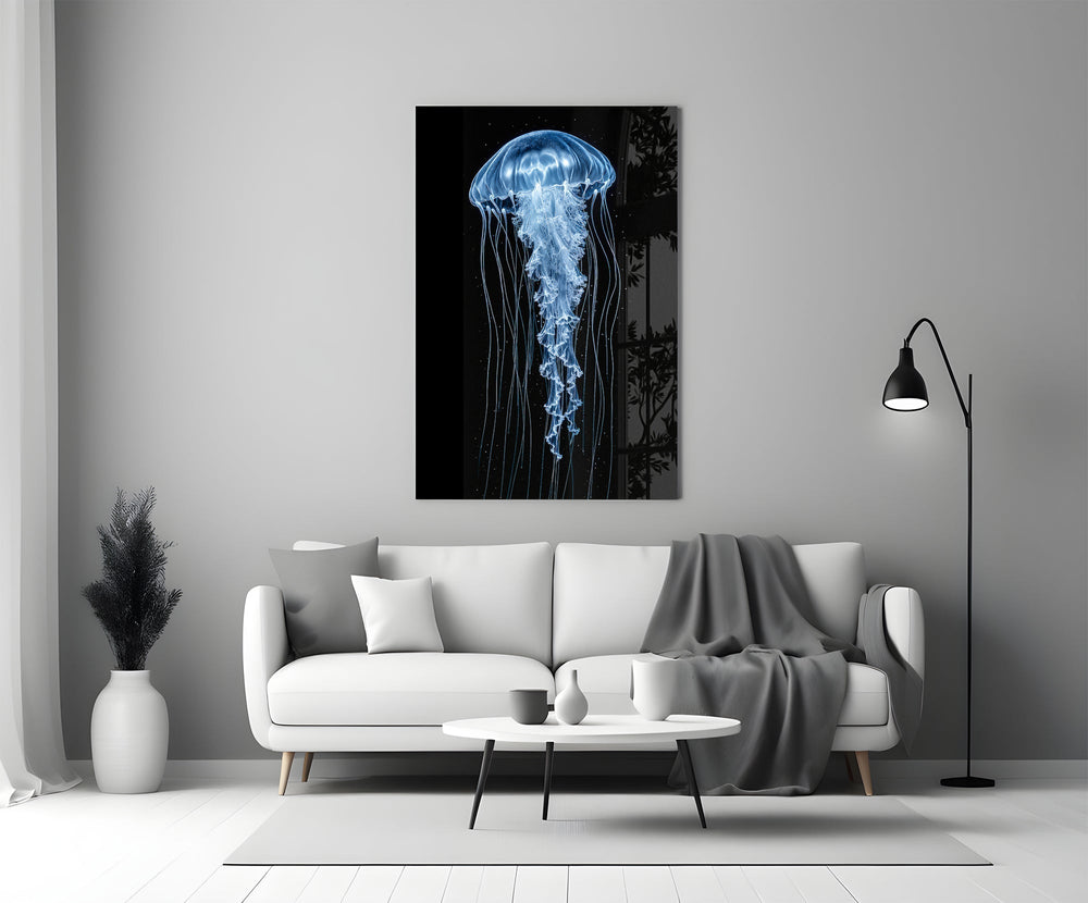 Blue Jellyfish on Black Deep Sea Glass Wall Art