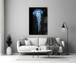 Blue Jellyfish on Black Deep Sea Glass Wall Art