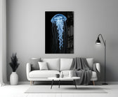 Blue Jellyfish on Black Deep Sea Glass Wall Art