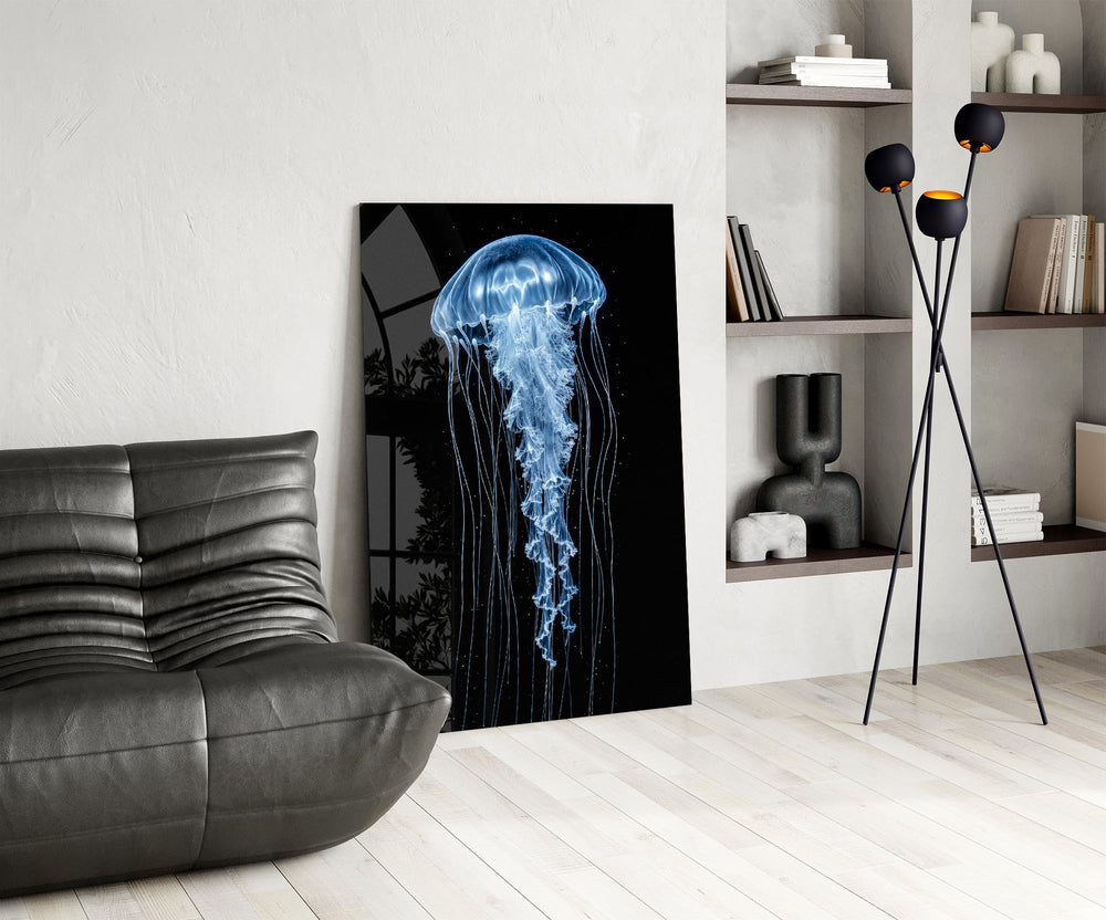 Blue Jellyfish on Black Deep Sea Glass Wall Art
