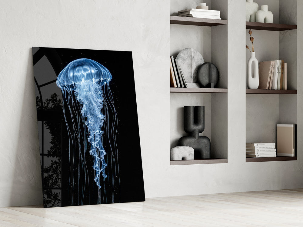Blue Jellyfish on Black Deep Sea Glass Wall Art