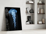 Blue Jellyfish on Black Deep Sea Glass Wall Art