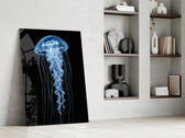 Blue Jellyfish on Black Deep Sea Glass Wall Art