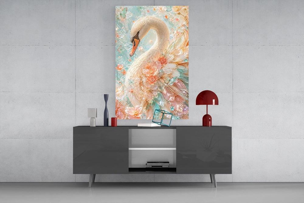Peach and Mint Crystal Swan Glass Wall Art