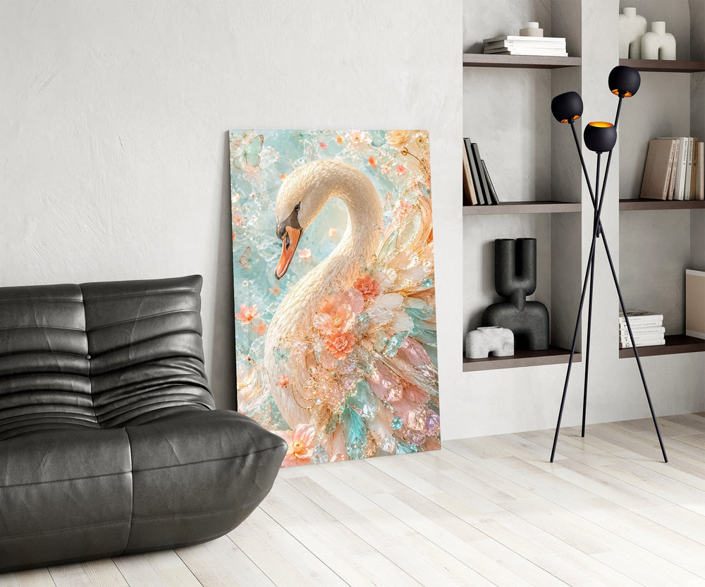 Peach and Mint Crystal Swan Glass Wall Art