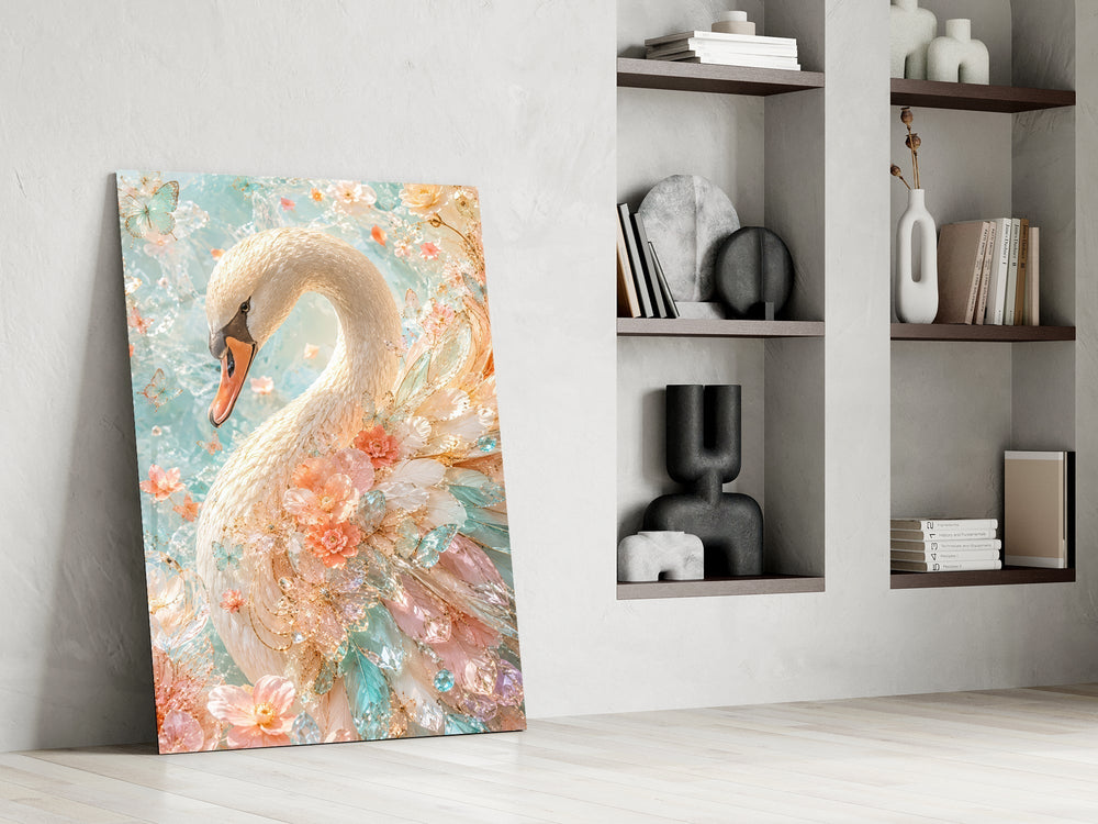 Peach and Mint Crystal Swan Glass Wall Art