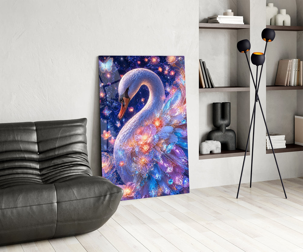 Violet Galaxy Crystal Swan Glass Wall Art