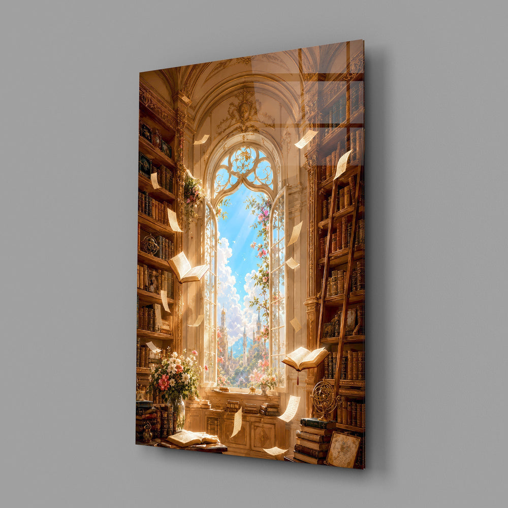 Floating Pages Sunlit Library Glass Wall Art