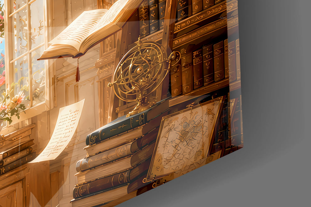 Floating Pages Sunlit Library Glass Wall Art