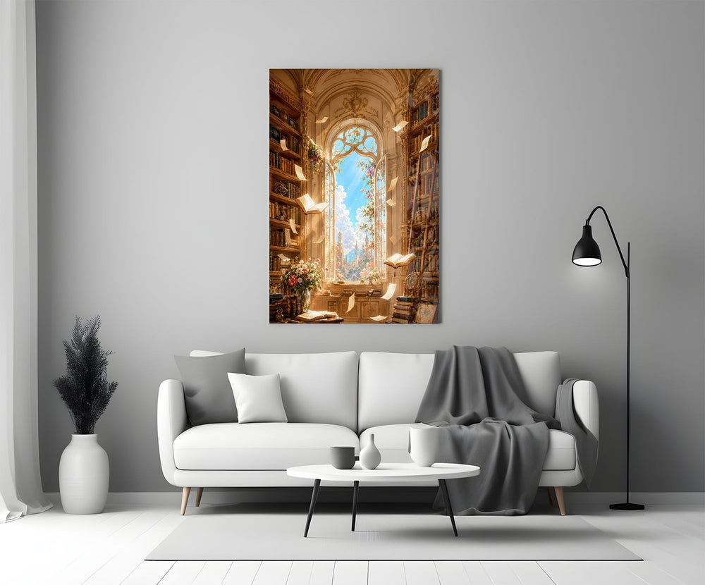 Floating Pages Sunlit Library Glass Wall Art