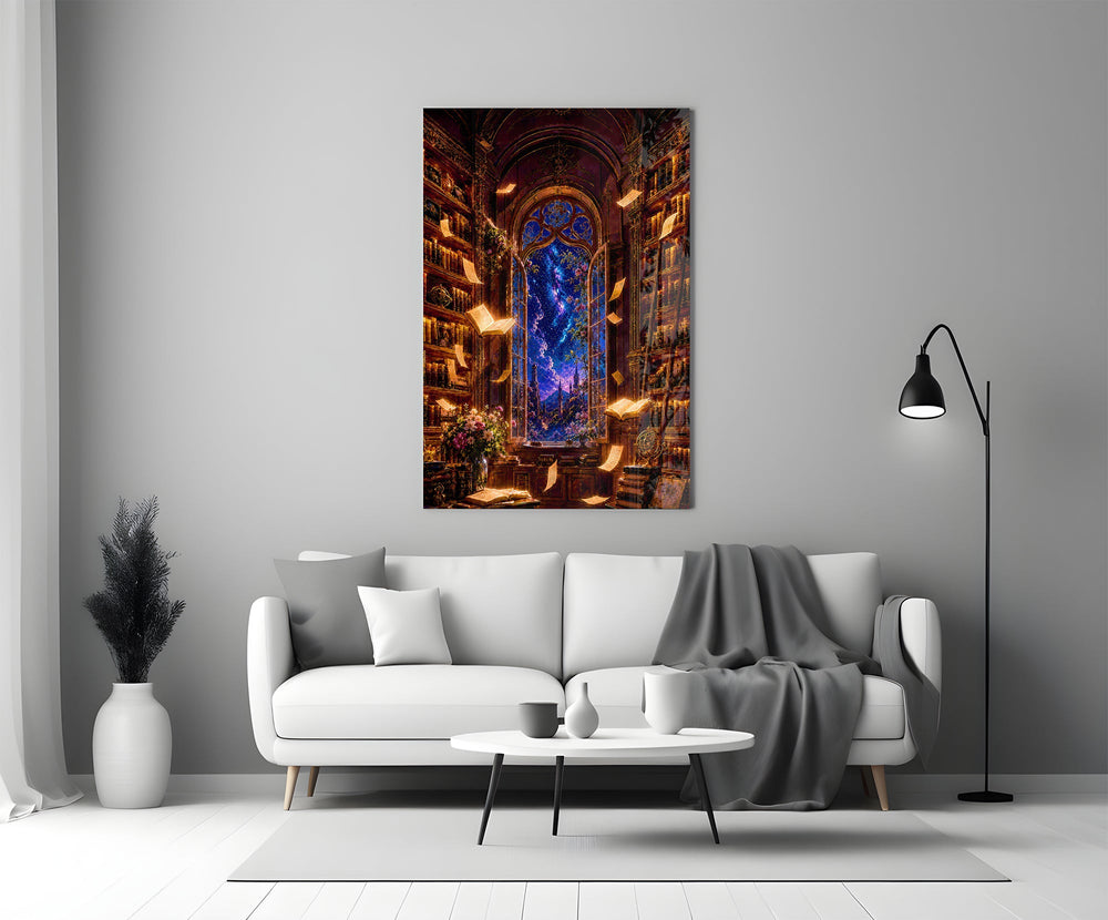Starlit Library Floating Books Glass Wall Art