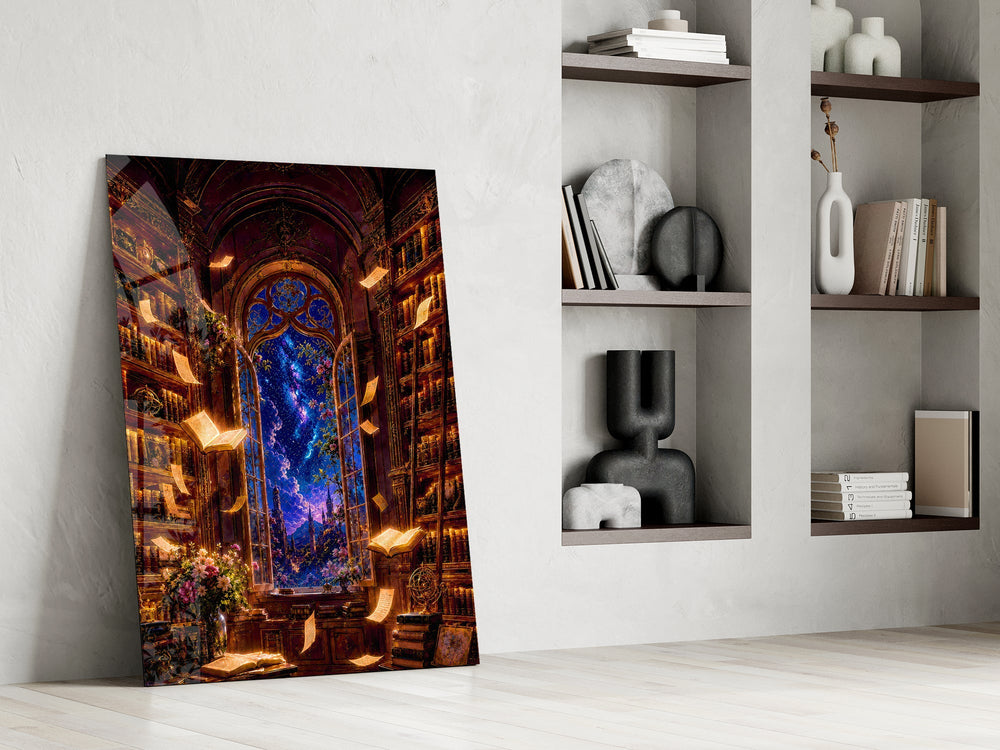 Starlit Library Floating Books Glass Wall Art