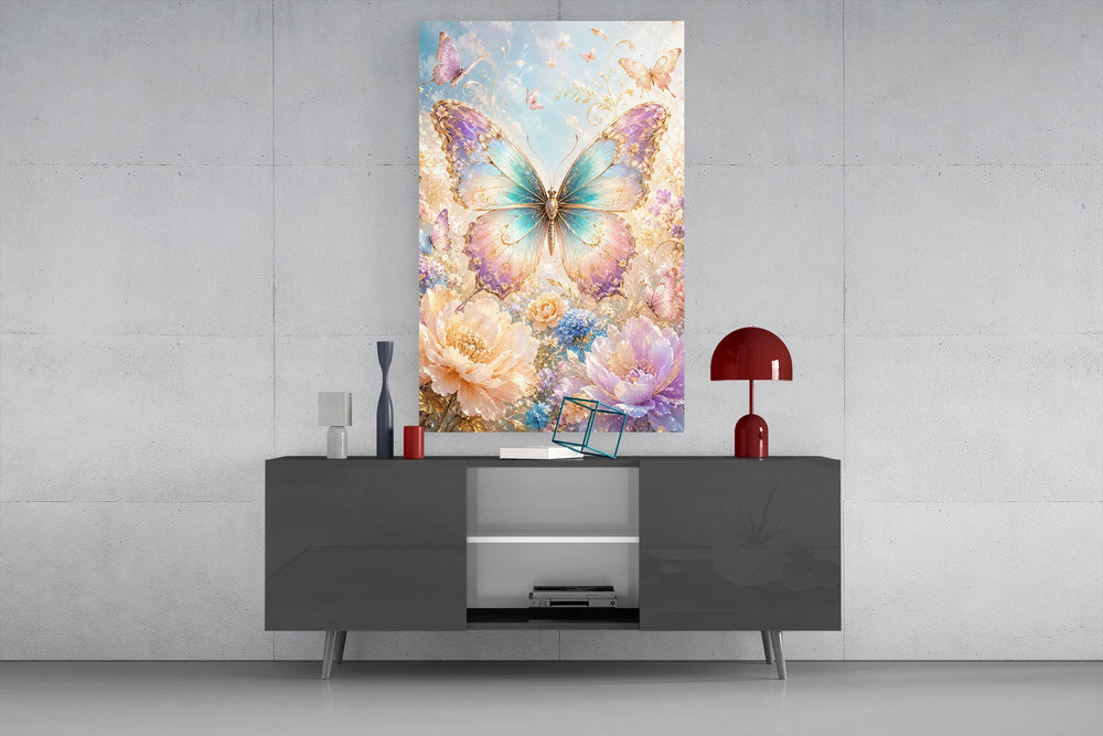 Iridescent Gold Filigree Butterfly Glass Wall Art