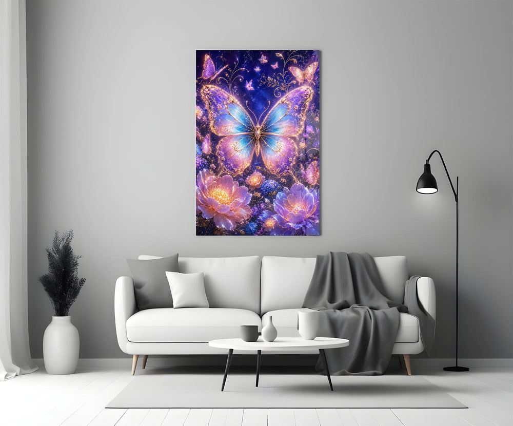 Gilded Butterfly Violet Night Garden Glass Wall Art