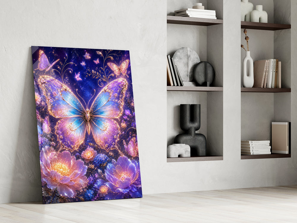 Gilded Butterfly Violet Night Garden Glass Wall Art