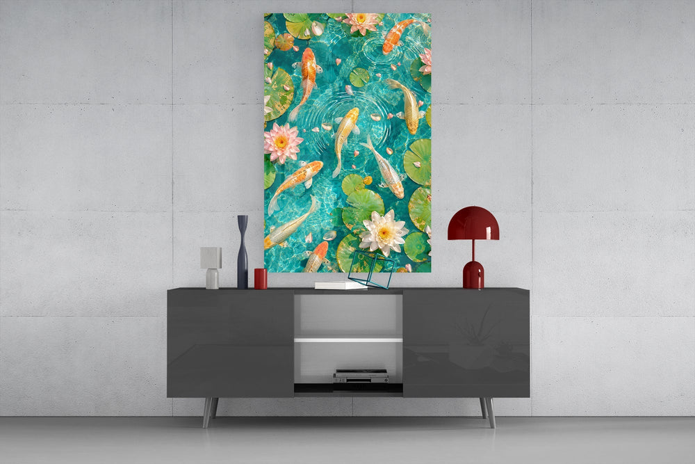Turquoise Koi Pond Water Lily Glass Wall Art