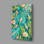 Turquoise Koi Pond Water Lily Glass Wall Art