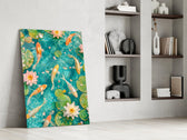 Turquoise Koi Pond Water Lily Glass Wall Art
