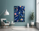 Midnight Blue Koi and Glowing Lotus Glass Wall Art